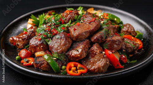 Spicy Beef Stir-fry: A delectable plate of sizzling beef cubes, tossed in a vibrant mix of chili peppers, garlic, and fresh herbs. A culinary masterpiece captured in high-resolution detail.