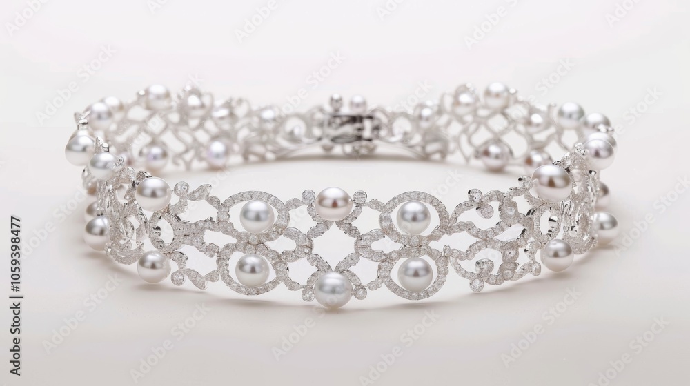 An elegantly understated bracelet crafted with delicate lace patterns and adorned with rows of glistening pearls in a soft dreamy setting. An elegantly understated bracelet crafted with delicate lace patterns and adorned with rows of glistening pearls in a soft dreamy setting.
