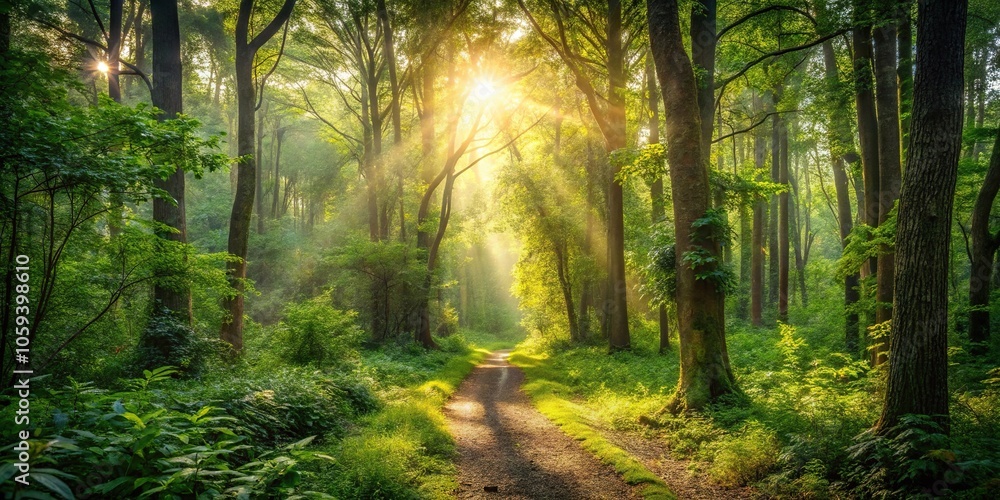 Obraz premium A forest path winds through the underbrush with sunlight filtering through the trees above, woodland trail, sunlight