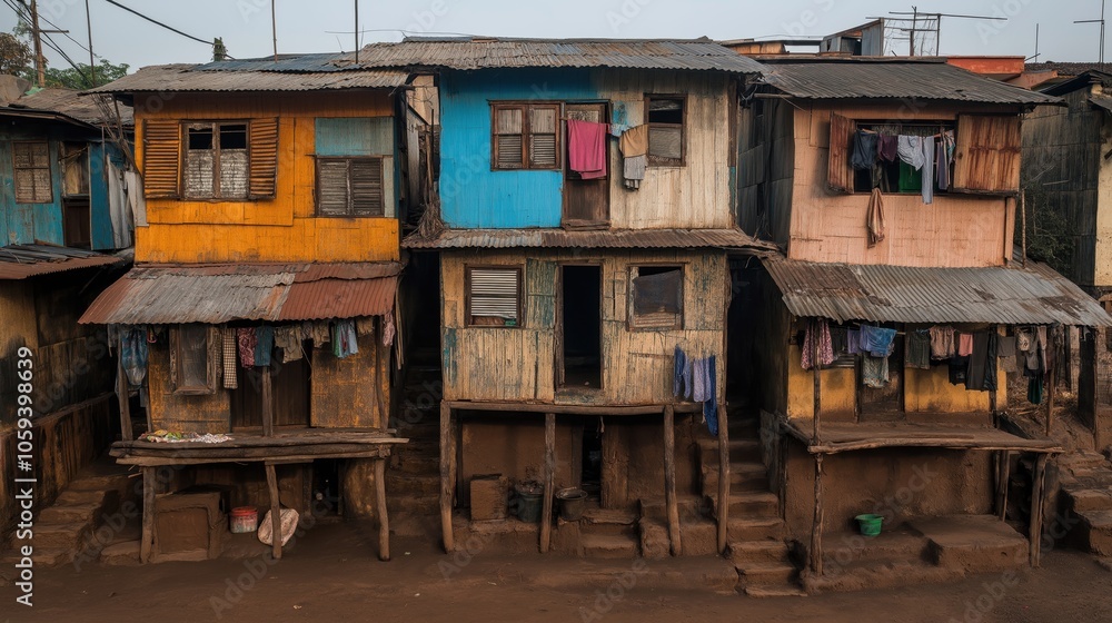 Rustic wooden houses in a rural area with weathered paint in yellow, blue, and pink. Laundry hanging outside and corrugated metal roofs, depicting a simple living environment. Rustic wooden houses in a rural area with weathered paint in yellow, blue, and pink. Laundry hanging outside and corrugated metal roofs, depicting a simple living environment.