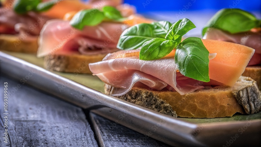 Parma Ham with Melon and Basil on Rye Crisp - Culinary Delight in Long Exposure Photography Parma Ham with Melon and Basil on Rye Crisp - Culinary Delight in Long Exposure Photography
