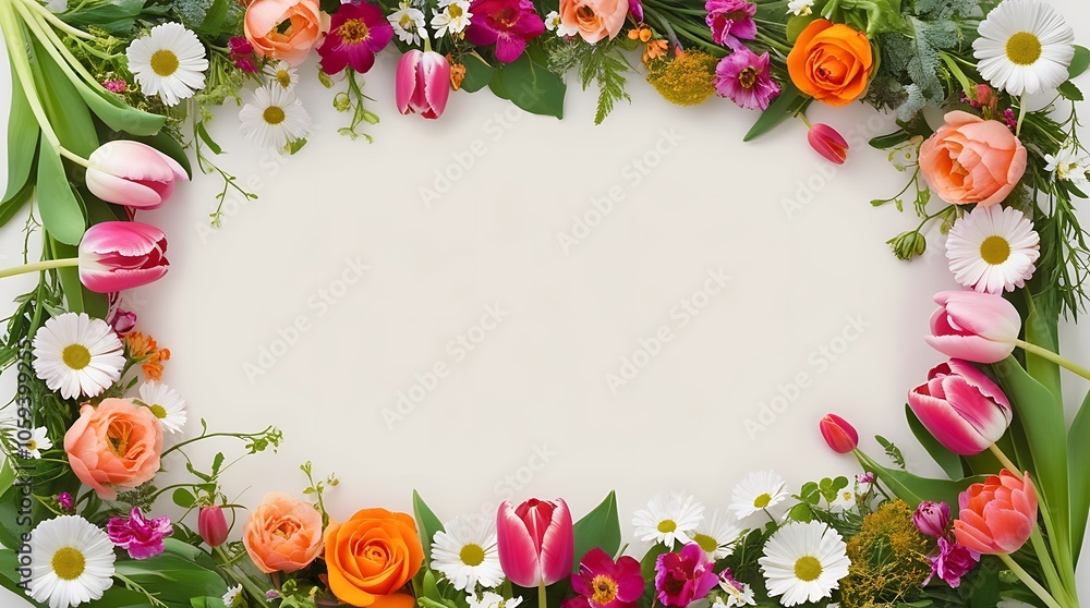 A delicate and ornate floral frame created from an array of vibrant and fresh flowers, including pink tulips, orange roses, and white daisies, intermingled with lush green foliage and smaller blooms. A delicate and ornate floral frame created from an array of vibrant and fresh flowers, including pink tulips, orange roses, and white daisies, intermingled with lush green foliage and smaller blooms.