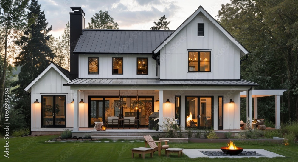 Modern Farmhouse With Black Windows and Metal Roof at Dusk Modern Farmhouse With Black Windows and Metal Roof at Dusk