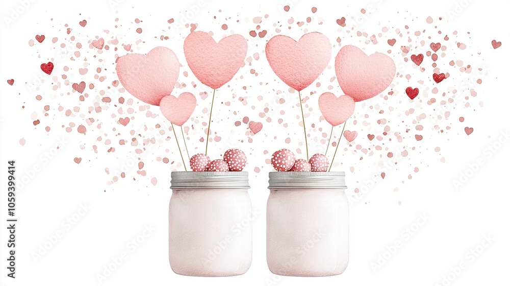 Two jars filled with candy sit on top of a white table, adorned with hearts and confetti Two jars filled with candy sit on top of a white table, adorned with hearts and confetti