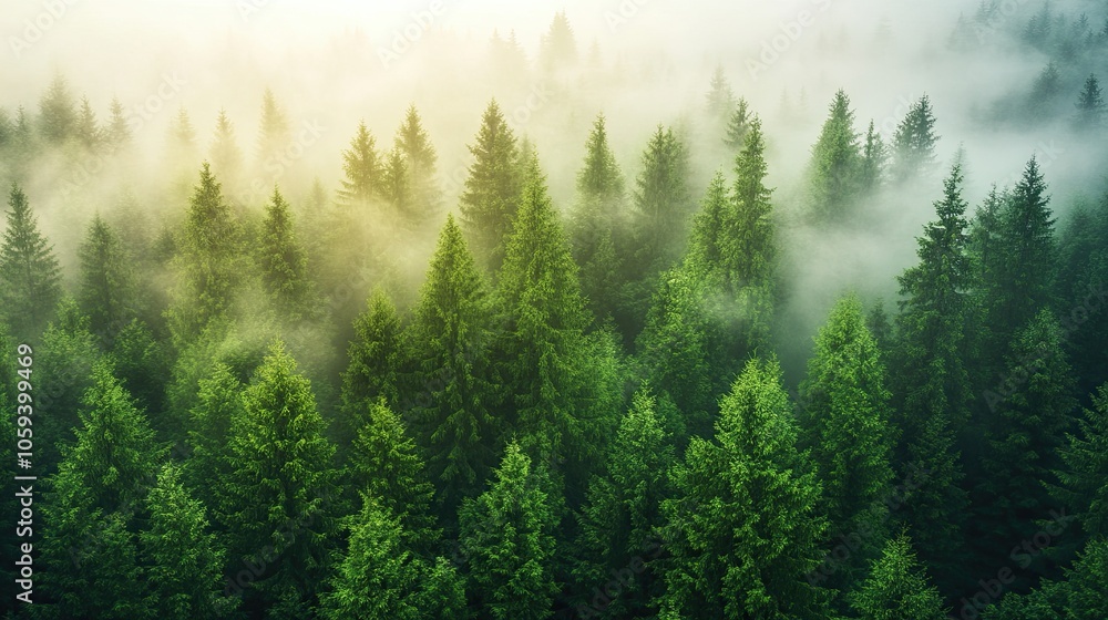 Fototapeta premium Misty Pine Forest with Sun Rays Filtering Through. Wallpaper, Background, Banner.