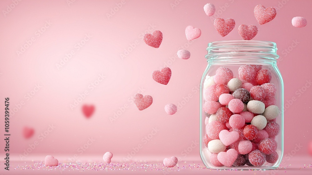 Jar full of pink and white heart-shaped candies against a pink heart-studded background Jar full of pink and white heart-shaped candies against a pink heart-studded background