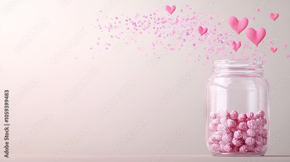 A glass jar filled with pink candies rests atop a table adjacent to a heart-adorned wall A glass jar filled with pink candies rests atop a table adjacent to a heart-adorned wall