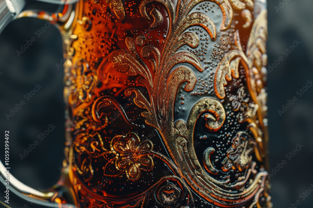 Fototapeta premium A mug with a floral design is filled with a brown liquid
