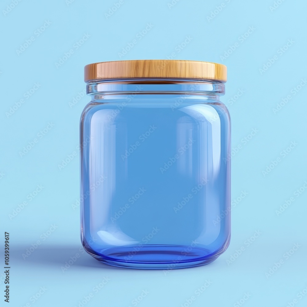 Minimalist Blue Glass Jar with Wooden Lid on Soft Blue Background Minimalist Blue Glass Jar with Wooden Lid on Soft Blue Background