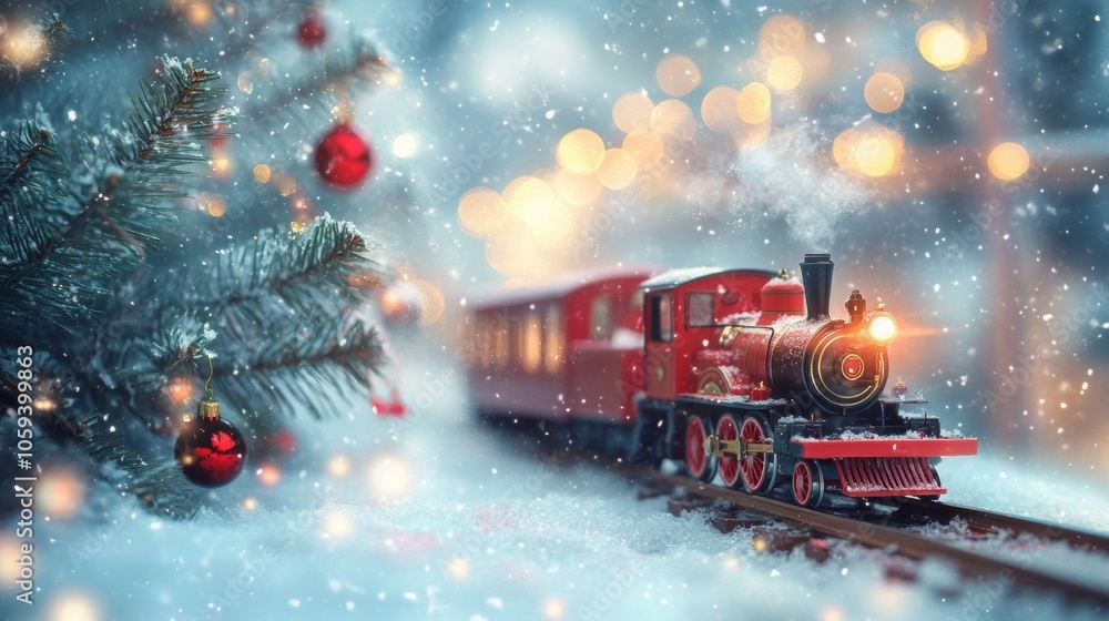 Christmas decoration train on snow next to a Christmas tree and bokeh lights Christmas decoration train on snow next to a Christmas tree and bokeh lights