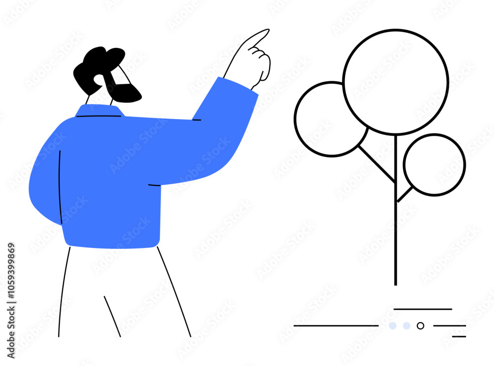 Man in blue shirt pointing upwards toward abstract tree. Ideal for business vision, future planning, growth, leadership, guidance, environmental awareness, and strategic thinking themes. Line Man in blue shirt pointing upwards toward abstract tree. Ideal for business vision, future planning, growth, leadership, guidance, environmental awareness, and strategic thinking themes. Line