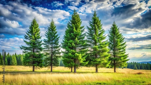 A group of pine trees standing together in a meadow, their leaves rustling gently in the breeze, pines, forest, movement, natural scenery, leaves