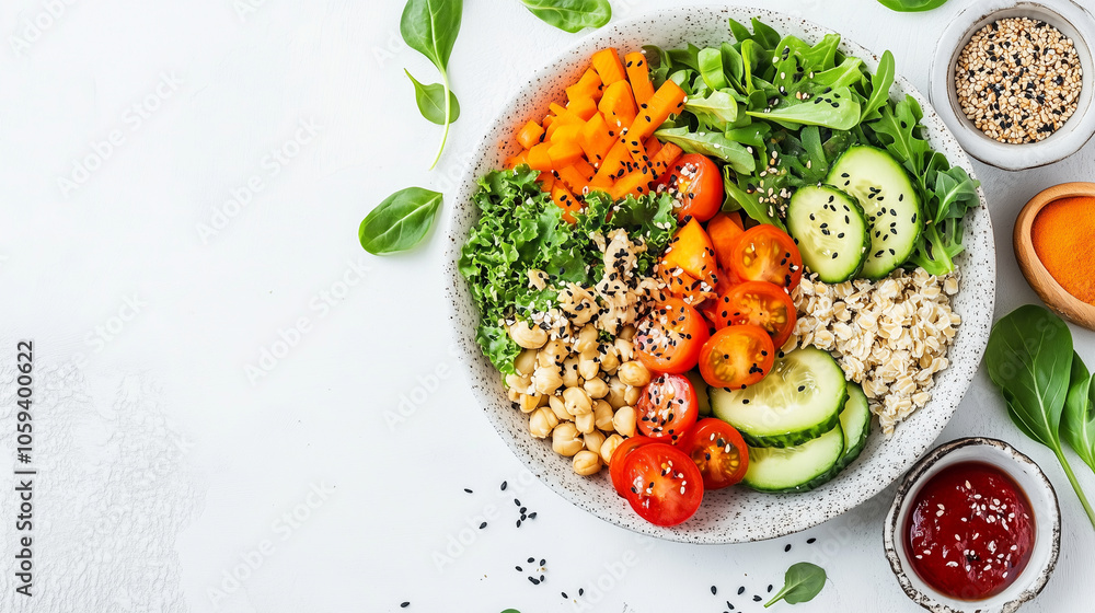 Colorful Vegan Buddha Bowl with Fresh Vegetables and Healthy Ingredients on White Background Colorful Vegan Buddha Bowl with Fresh Vegetables and Healthy Ingredients on White Background
