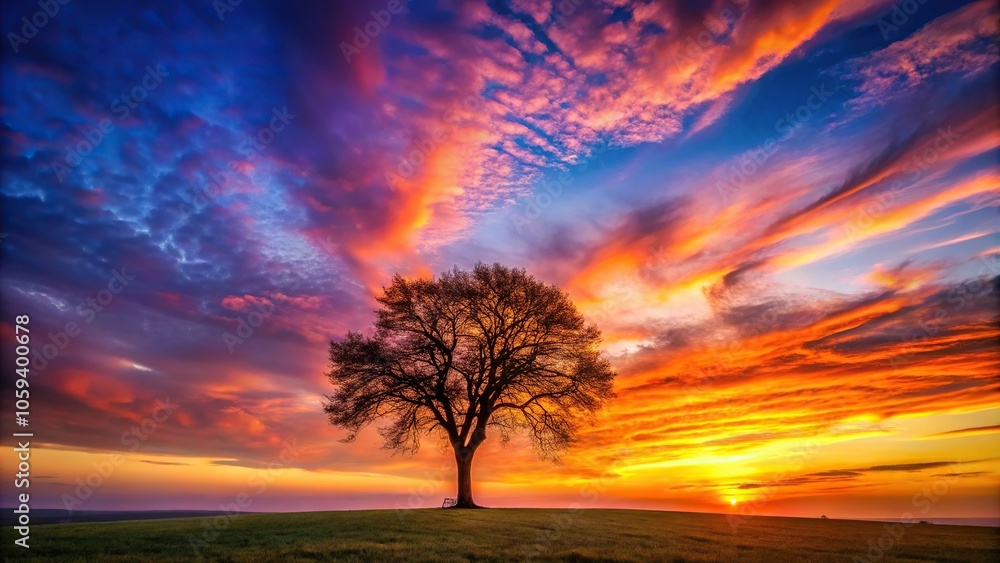 Obraz premium A lone tree stands tall against the vibrant orange and pink hues of a breathtaking sunset, calm, serene, peaceful, trees, sunset