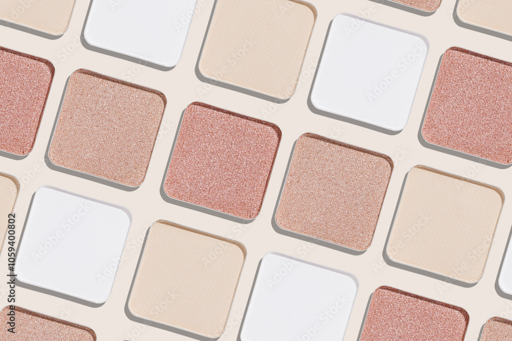 Cosmetics texture pattern, makeup palette pastel neutral color eye shadow, square eye powder swatches. Female cosmetic and beauty products, aesthetic minimal beauty photo, shimmer eyeshade, top view Cosmetics texture pattern, makeup palette pastel neutral color eye shadow, square eye powder swatches. Female cosmetic and beauty products, aesthetic minimal beauty photo, shimmer eyeshade, top view