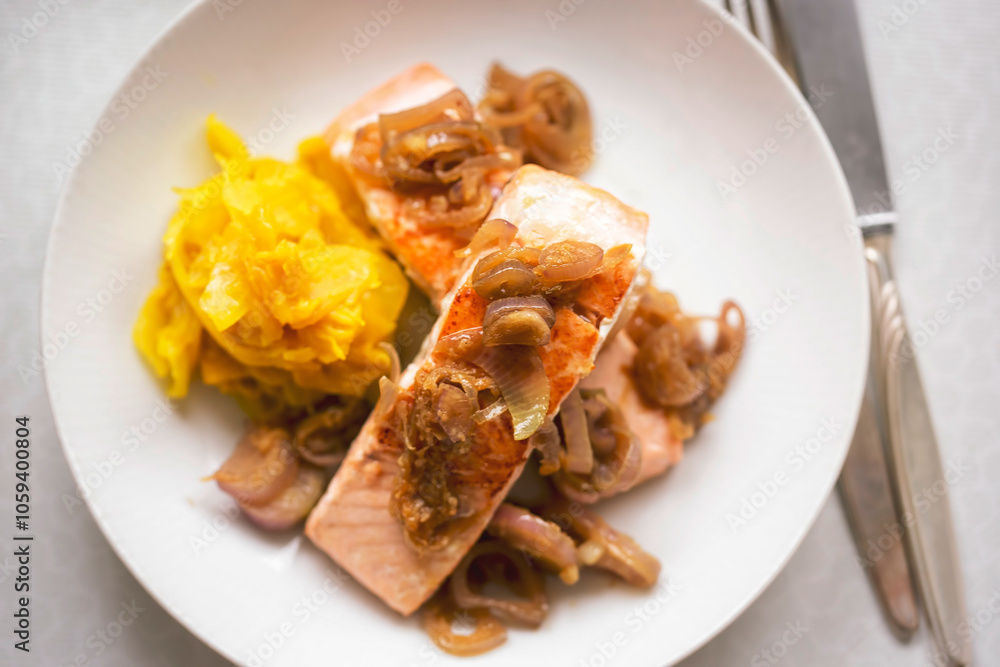 Salmon with shallot ginger sauce, served with kimchi Salmon with shallot ginger sauce, served with kimchi