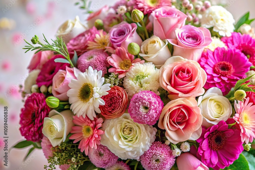 A lush and colorful arrangement of mixed flowers in shades of pink and white, birthday gift, home decor, wedding decoration, vase, mixed flowers A lush and colorful arrangement of mixed flowers in shades of pink and white, birthday gift, home decor, wedding decoration, vase, mixed flowers