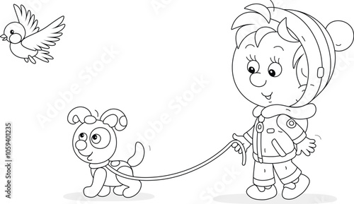 Happy little boy walking with his funny puppy and watching a merry small bird in a winter park, black and white outline vector cartoon illustration for a coloring book