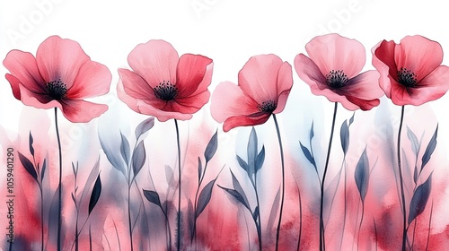 Delicate watercolor illustration of pink poppies in soft, muted tones. perfect for backgrounds, wallpaper, decor, or nature-inspired designs.