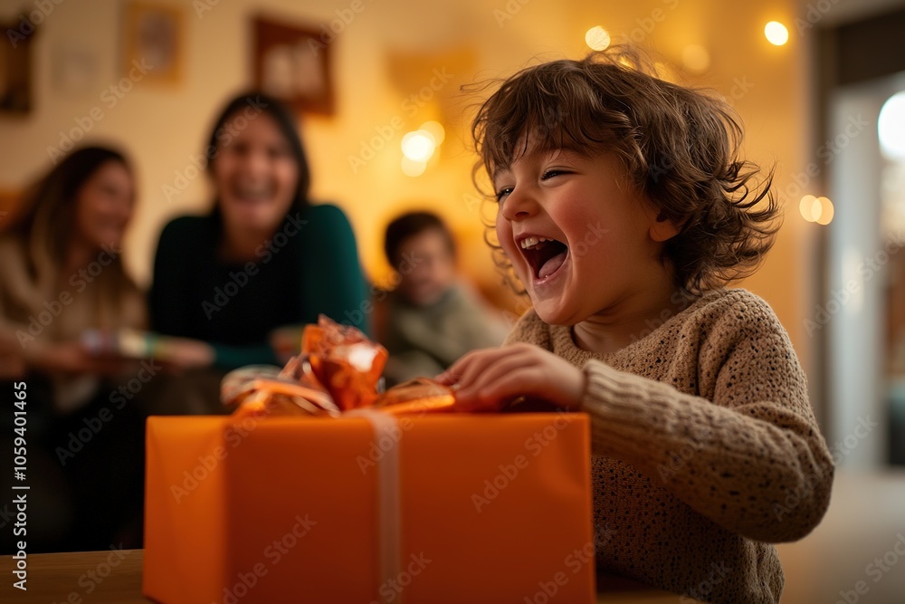 Child ecstatic with gift as family watches indoors Child ecstatic with gift as family watches indoors