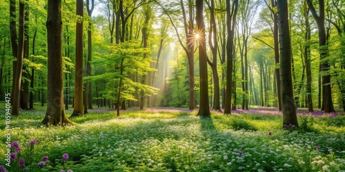 A lush green forest with tall trees and a carpet of wildflowers surrounding them, woods, landscape, foliage, garden, trees