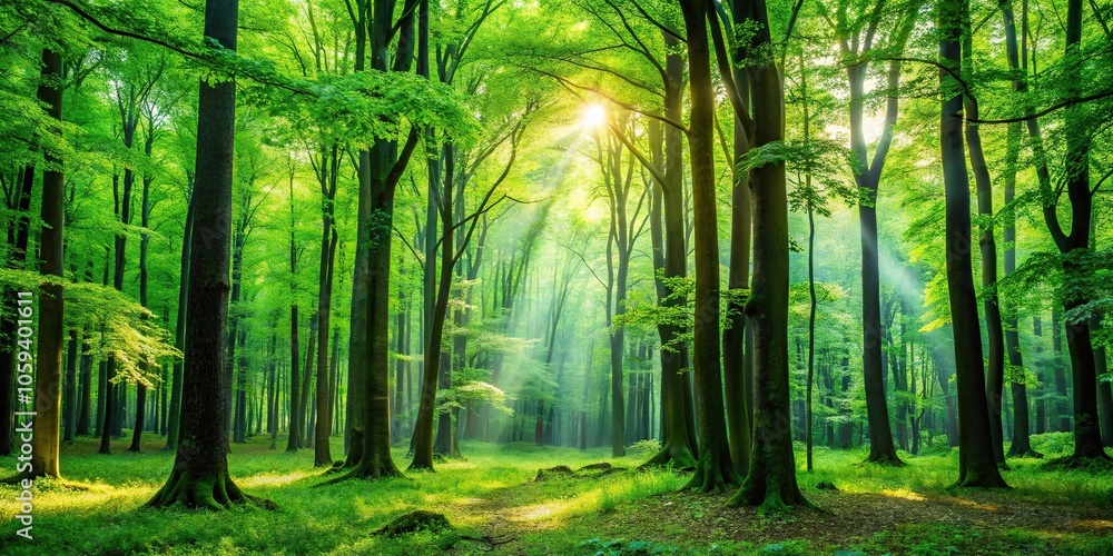 Naklejka premium A lush green forest with tall trees and vibrant foliage on a serene background, scenery, landscape, earthy tones, wilderness, tree roots