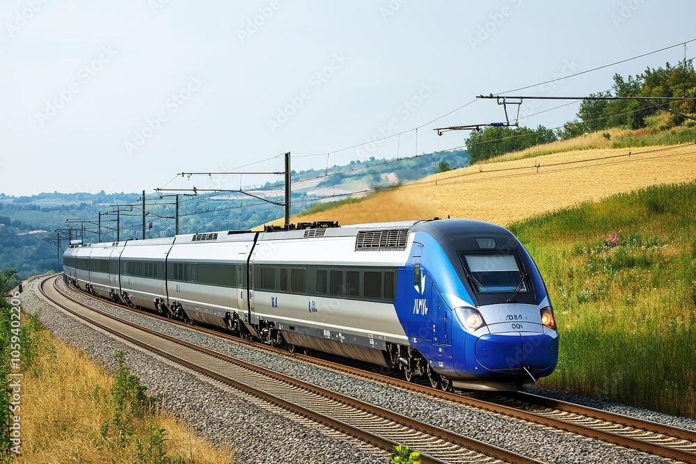 Naklejka premium Modern train speeding through rural landscape