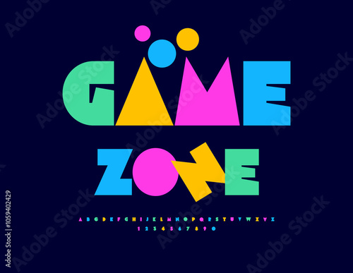 Vector bright badge Game Zone, Colorful abstract Font. Big playful Alphabet Letters and Numbers set