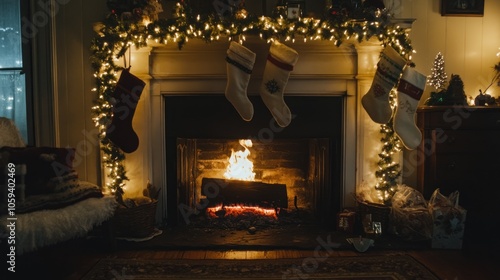 Cozy Christmas fireplace with stockings and garland.