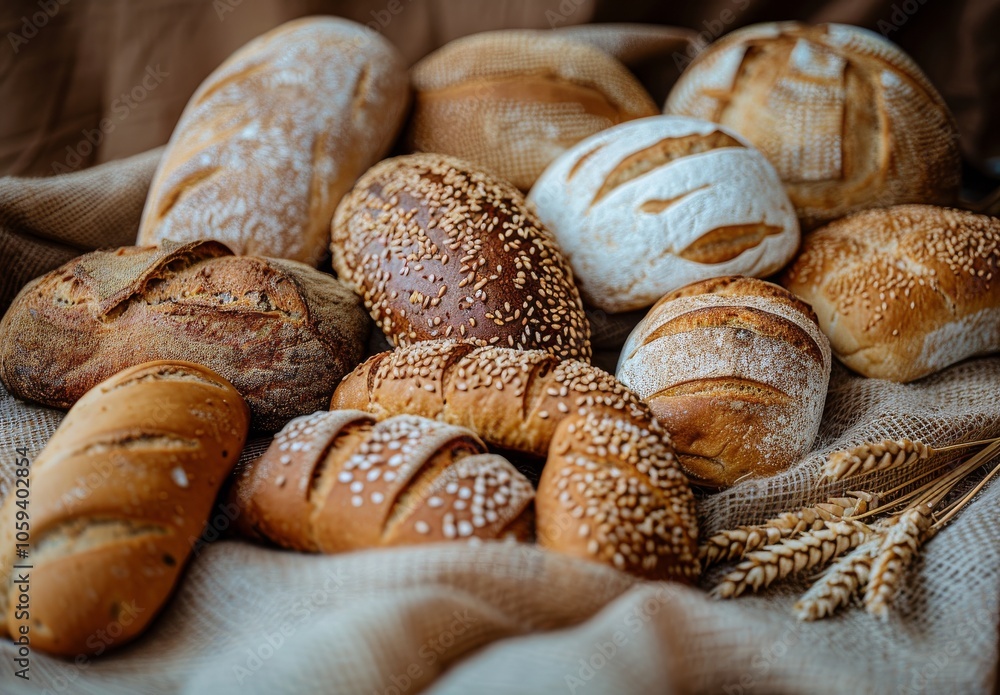 Freshly Baked Artisan Breads With Sesame Seeds on Rustic Wooden Table Freshly Baked Artisan Breads With Sesame Seeds on Rustic Wooden Table