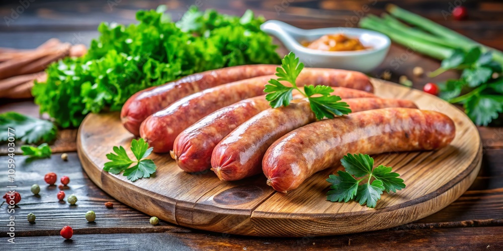 Raw Chicken Sausage for Grilling on Wooden Cutting Board with Fresh Parsley - Ideal for BBQ and Cooking Recipes Raw Chicken Sausage for Grilling on Wooden Cutting Board with Fresh Parsley - Ideal for BBQ and Cooking Recipes