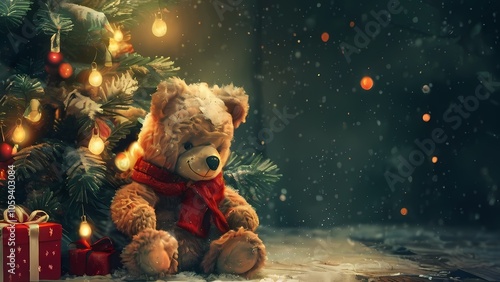  Gloomy Christmas illustration featuring a forgotten teddy bear under a decorated Christmas tree, evoking a sense of nostalgia.