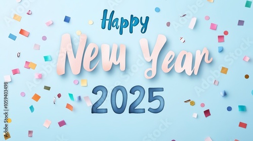 Happy New Year 2025 in watercolor calligraphy with pastel colors, confetti overlay, soft and cheerful holiday feel