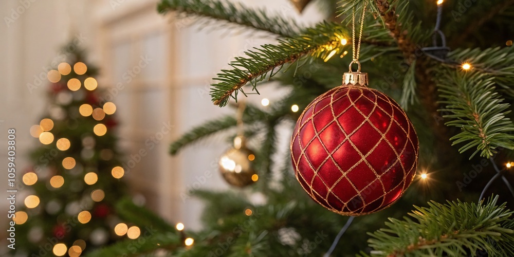 Red Christmas Tree Toy Gift on Christmas Tree - Festive Vertical Photo for Holiday Celebrations Red Christmas Tree Toy Gift on Christmas Tree - Festive Vertical Photo for Holiday Celebrations