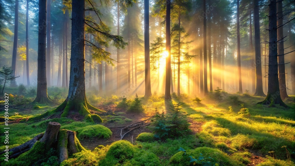 A misty dawn breaks over the forest floor, casting an ethereal glow on the dense underbrush and ancient tree trunks, mysterious, atmosphere, landscape, light A misty dawn breaks over the forest floor, casting an ethereal glow on the dense underbrush and ancient tree trunks, mysterious, atmosphere, landscape, light