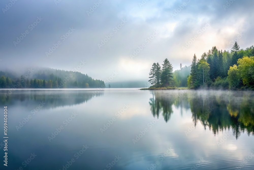 A misty morning with a gray fog rolling in over a serene lake, natural world, nature A misty morning with a gray fog rolling in over a serene lake, natural world, nature