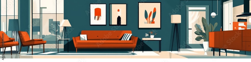 Living Room with Abstract Artwork and Orange Couch in Teal and Cream Tones Living Room with Abstract Artwork and Orange Couch in Teal and Cream Tones
