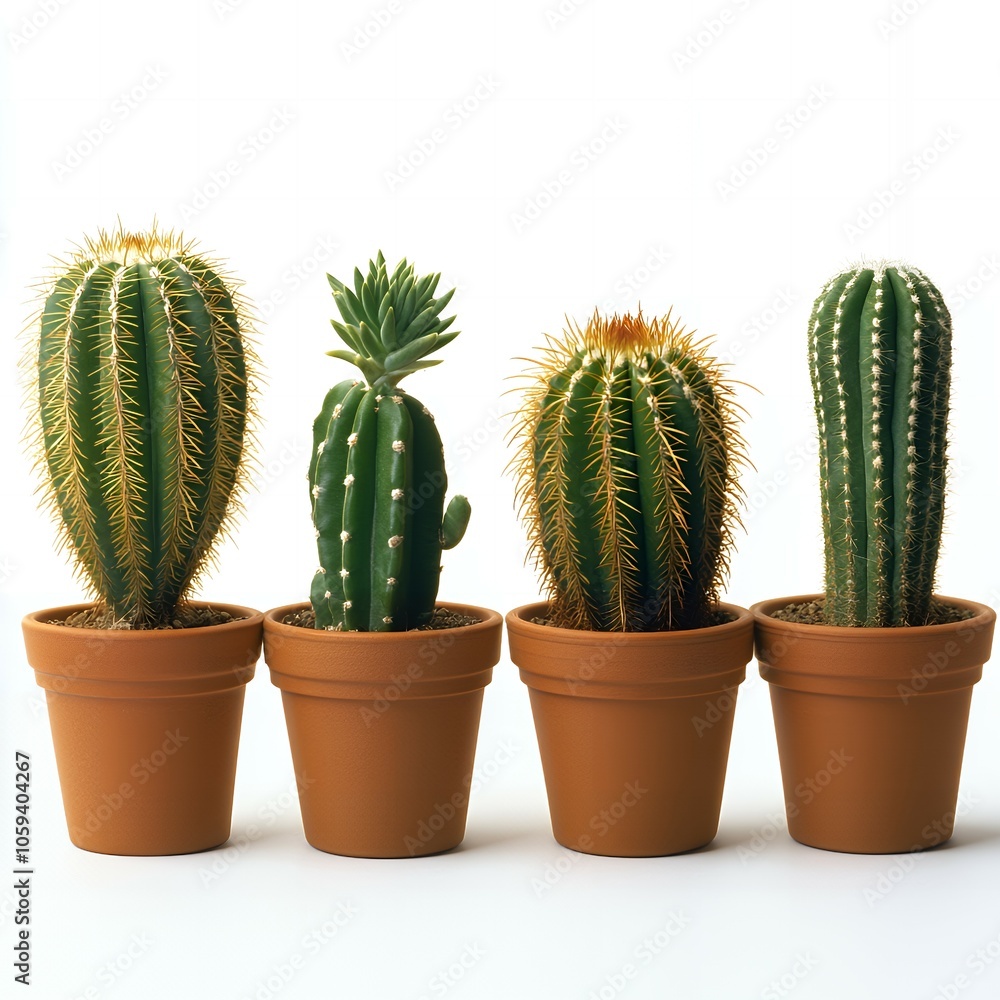 Four potted cacti lined up in a row against a white background. Four potted cacti lined up in a row against a white background.