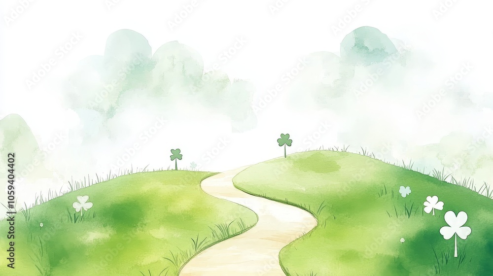 Fototapeta premium Watercolor Illustration of a Winding Path Through a Green Clover Field with White Clouds in the Sky