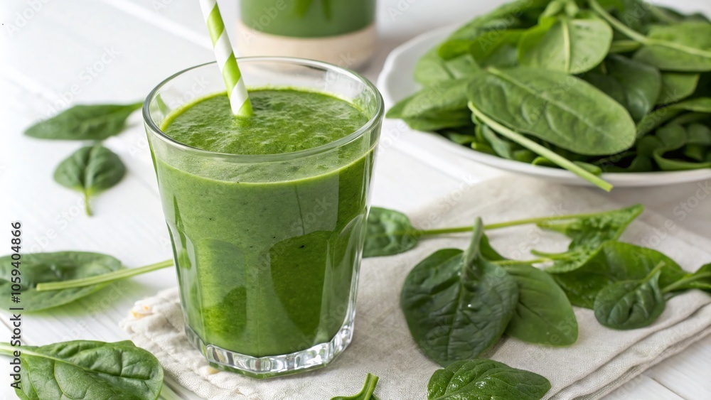 Refreshing Healthy Green Smoothie with Spinach Leaves - Nourishing Drink on White Background Refreshing Healthy Green Smoothie with Spinach Leaves - Nourishing Drink on White Background