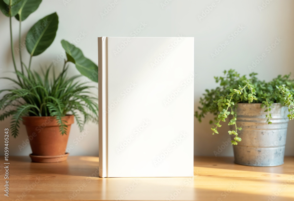 Book Mockup with Potted Plants on Wooden Table Book Mockup with Potted Plants on Wooden Table