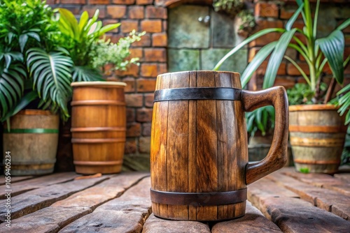 A rustic wooden beer mug with a hand-carved handle and a natural finish sits on a worn stone patio surrounded by potted plants and a brick wall, mug, decor