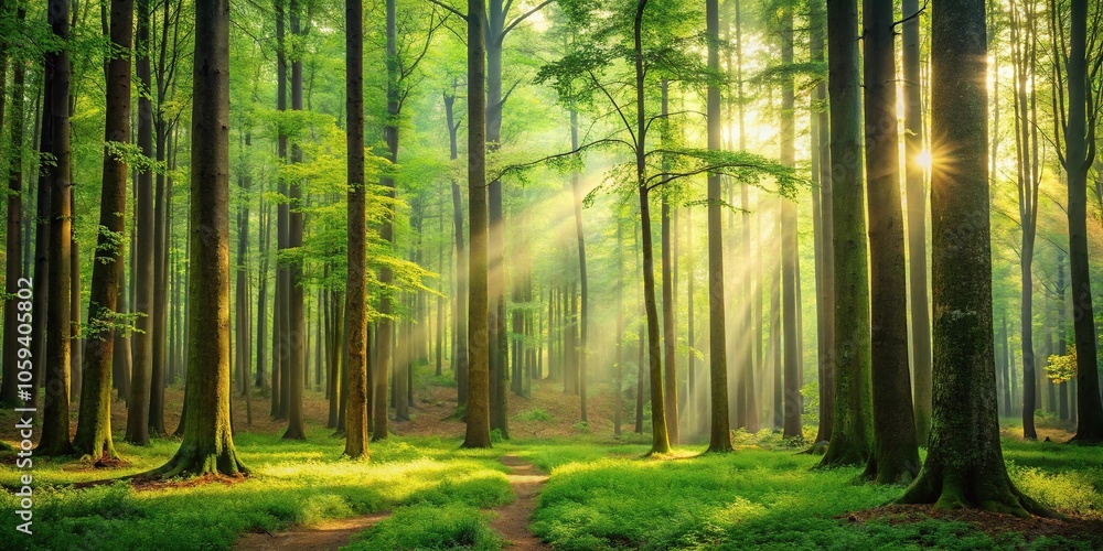 Obraz premium A serene forest landscape with tall trees and lush foliage in shades of green on a textured wooden background, foliage, atmosphere