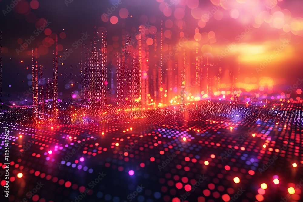A colorful, abstract cityscape with bright lights and a warm A colorful, abstract cityscape with bright lights and a warm