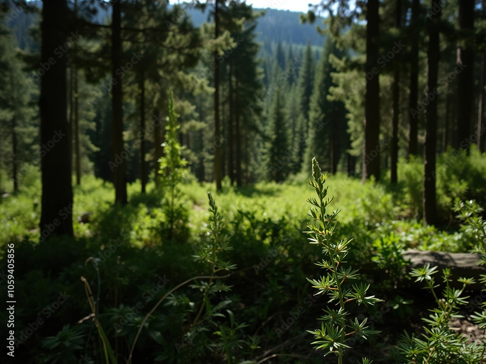 Fototapeta premium A serene forest scene with tall pine trees casting shadows on the ground below, tranquil, environment, wilderness