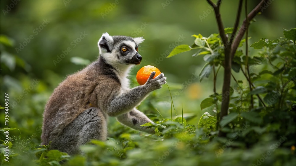 Obraz premium Ring-Tailed Lemur Holding Orange Fruit in Tilt-Shift Photography Style