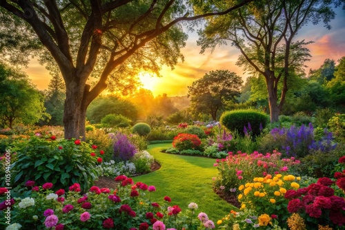 A serene garden at sunset, filled with vibrant flowers and lush greenery, with a gentle breeze rustling the leaves of the trees., breeze, outdoor