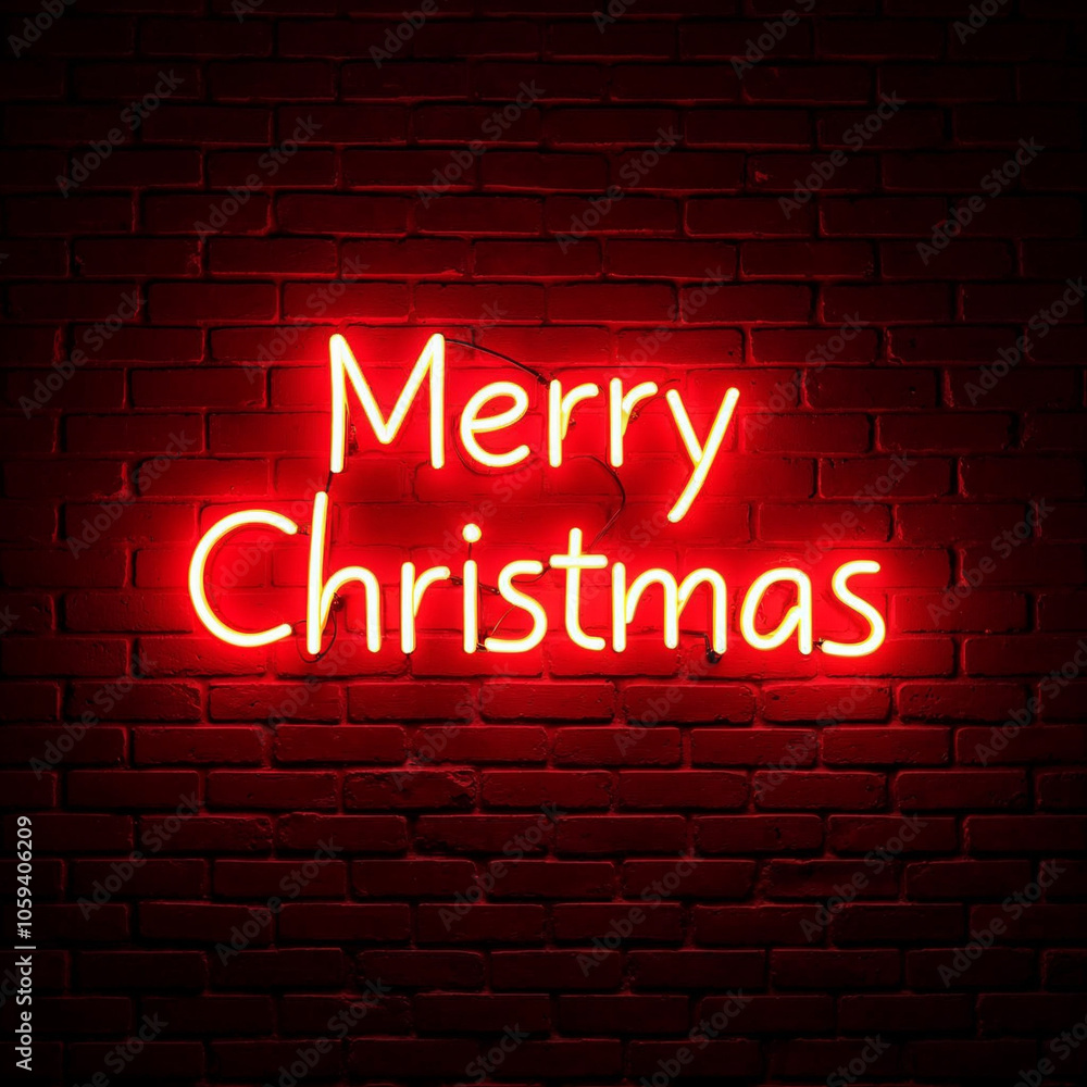 Red Neon Merry Christmas Sign on Brick Wall with Christmas Tree and Ornaments Red Neon Merry Christmas Sign on Brick Wall with Christmas Tree and Ornaments