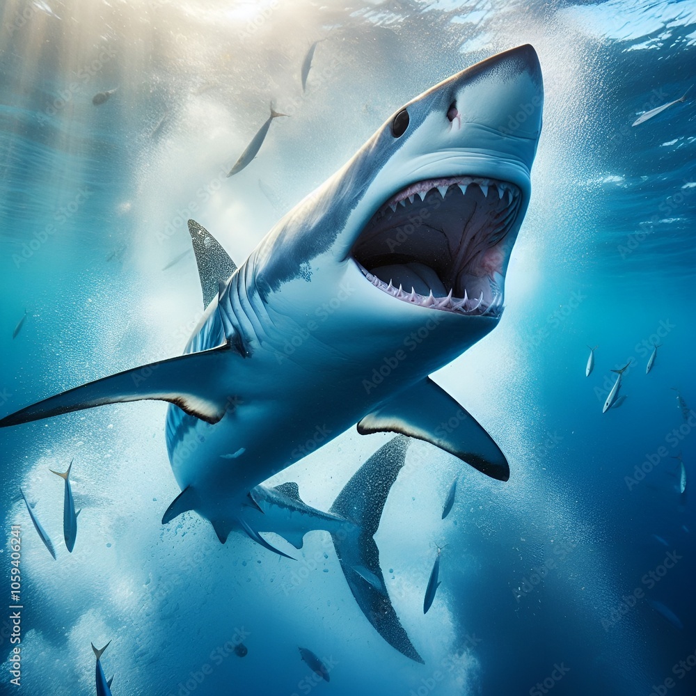 Shortfin Mako, Blue Pointer, Bonito Mackerel Predatory Shark Jumping out of the Water Showing Teeth and Pointed Snout Tropical Temperate Ocean Sea. One of the Fastest Creatures on Earth Shortfin Mako, Blue Pointer, Bonito Mackerel Predatory Shark Jumping out of the Water Showing Teeth and Pointed Snout Tropical Temperate Ocean Sea. One of the Fastest Creatures on Earth