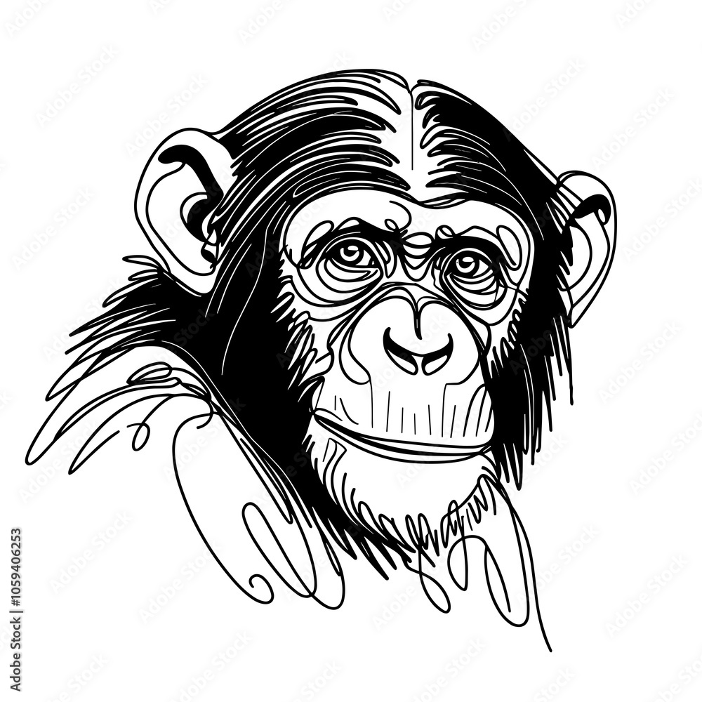 Fototapeta premium Chimpanzee is looking at the camera single continuous line vector illustration isolated on white background